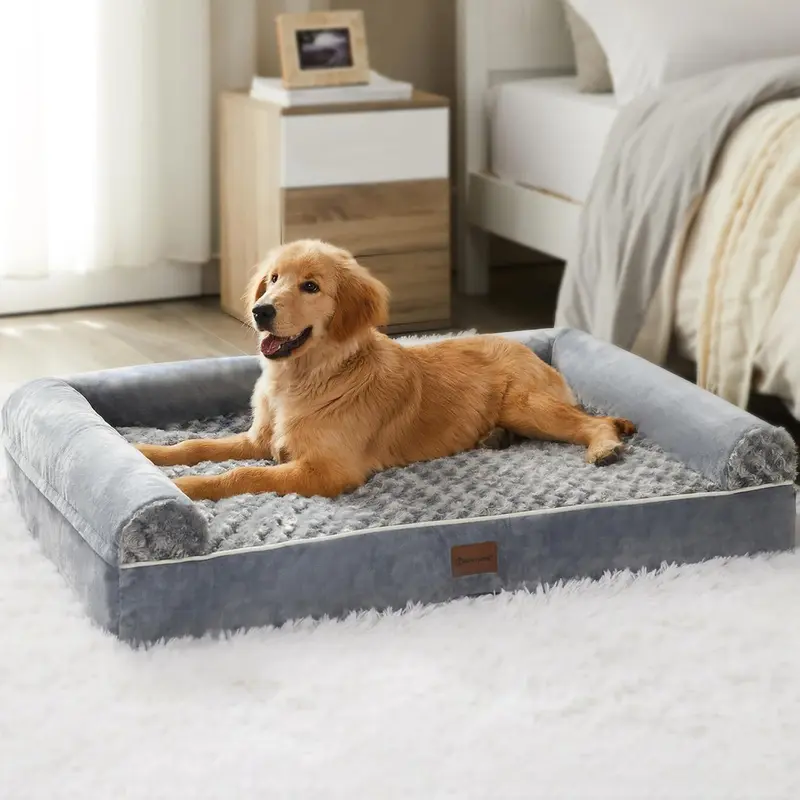 BFPETHOME Large Orthopedic Cooling Memory Foam Dog Bed - Calming Luxurious Rose-Pattern Plush Pet Couch with Snap-Detachable Cover, Waterproof for Senior Dogs, Machine Washable Living Room Use