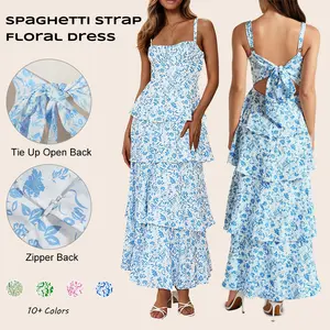 Imily Bela New Womens Floral Maxi Dresses Spaghetti Strap Casual Sleeveless Ruffle Flowy Tiered Dress Comfort Fit