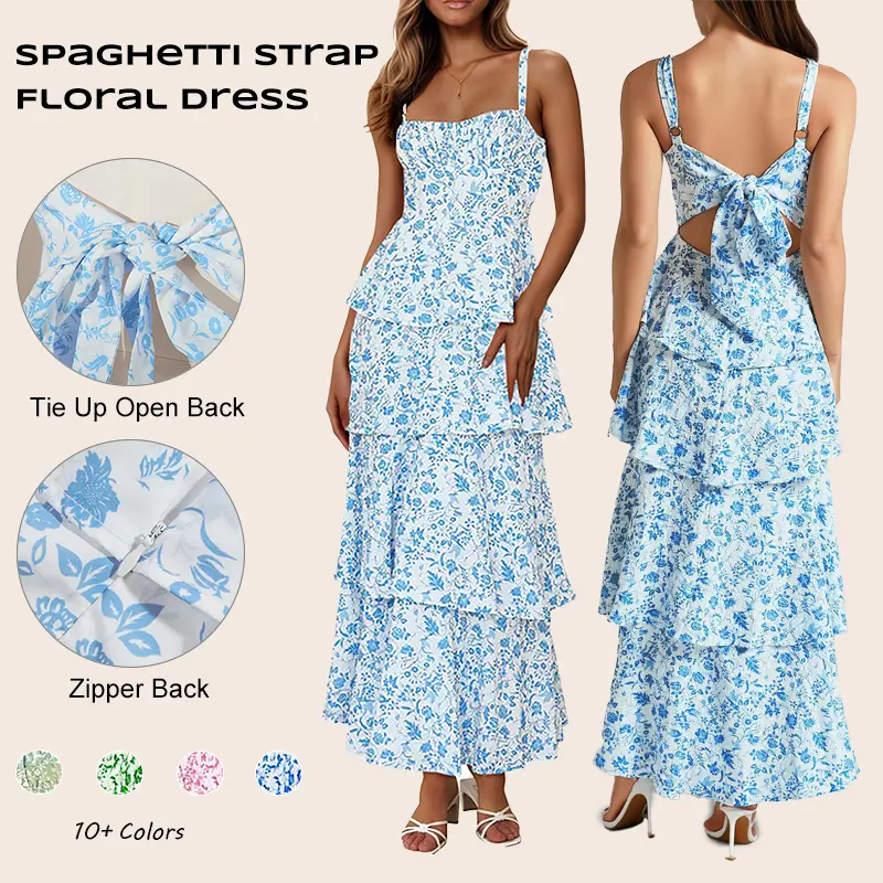 Imily Bela New Womens Floral Maxi Dresses Spaghetti Strap Casual Sleeveless  Ruffle Flowy Tiered Dress Comfort Fit Summer Bohemian - TikTok Shop