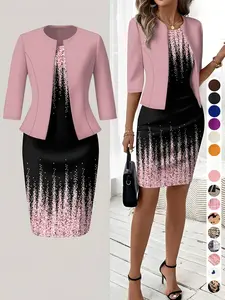 (short skirt) (small size) (general fabric) (printing design) Spring, summer and autumn knitted cardigan blouse with slim waist and printing design; classic straight dress, two-piece suit, suitable for women; elegant wedding guest dress