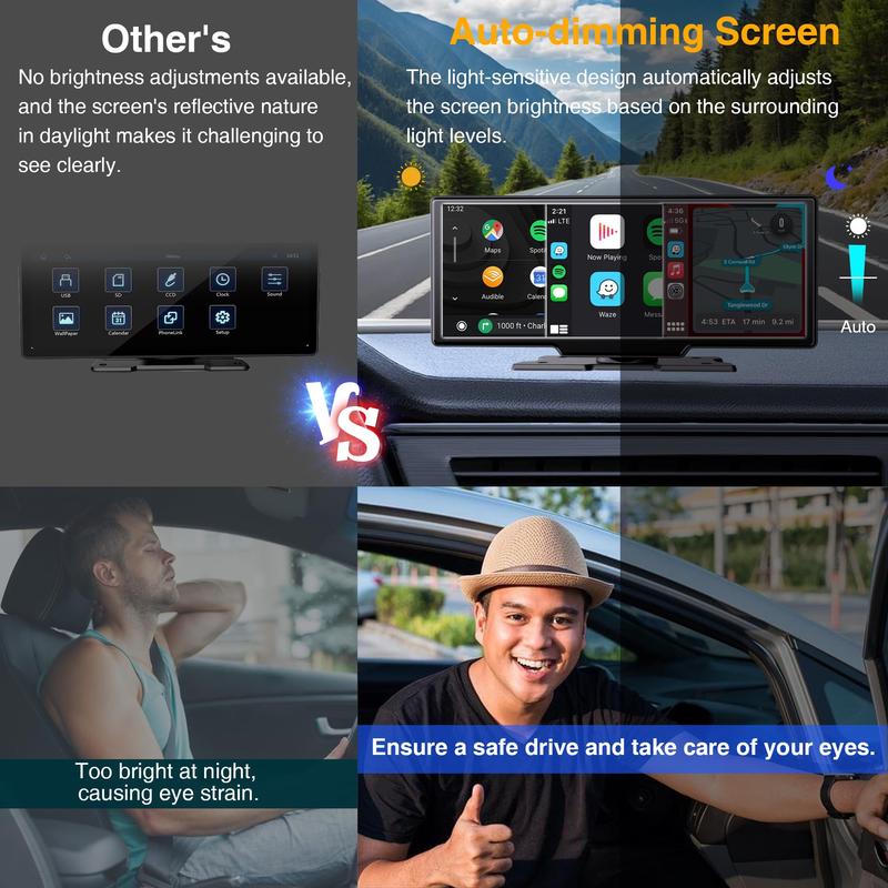 Screen 10.26" INCH Portable Car Player Carplay Android Auto Bluetooth IPS  Touch Screen Dash Cam AirPlay Android Cast  Backup Camera  Loop Recording Bluetooth  FM AUX