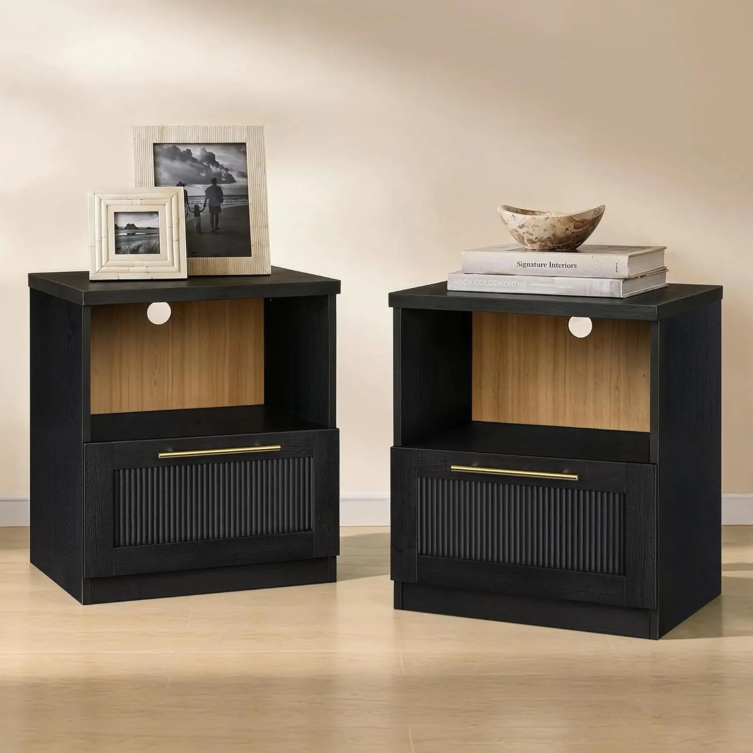Harmblock Collection - Nightstand (Set of 2), Modular Bedside Tables with Soft-Close Slide Runner and Wave Panel, Accent End Tables for Living Room Bedroom, Black