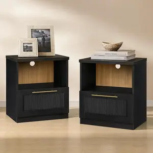 Harmblock Collection - Nightstand (Set of 2), Modular Bedside Tables with Soft-Close Slide Runner and Wave Panel, Accent End Tables for Living Room Bedroom, Black