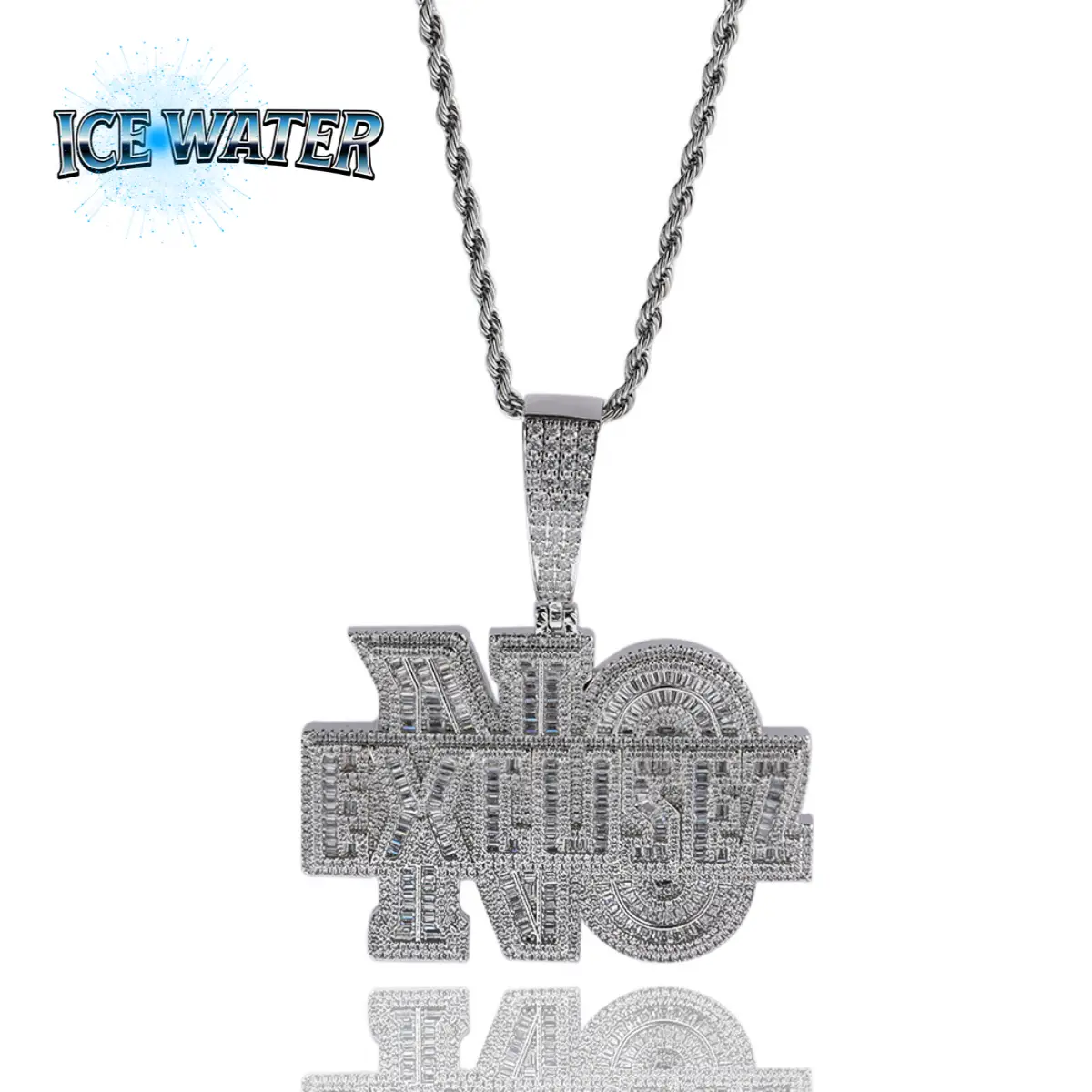 ICE WATER NO EXCUSEZ Letter Hip-Hop Pendant Copper zironia Heavy Industry Micro-inlaid Ladder Cubic Stone Fashion Men's Trendy Brand Pendant, Gift For