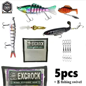 EXCROCK 5 pcs Easy Catch Fishing Lure Kit with Fishing Lure Wraps, for Freshwater Saltwater, Fishing Lure Set with Pre-Rigged Jig Head Soft lures,  whopper ploppers, Sleeper Gill, Jointed Swimbaits, fishing swivel snap, for bass