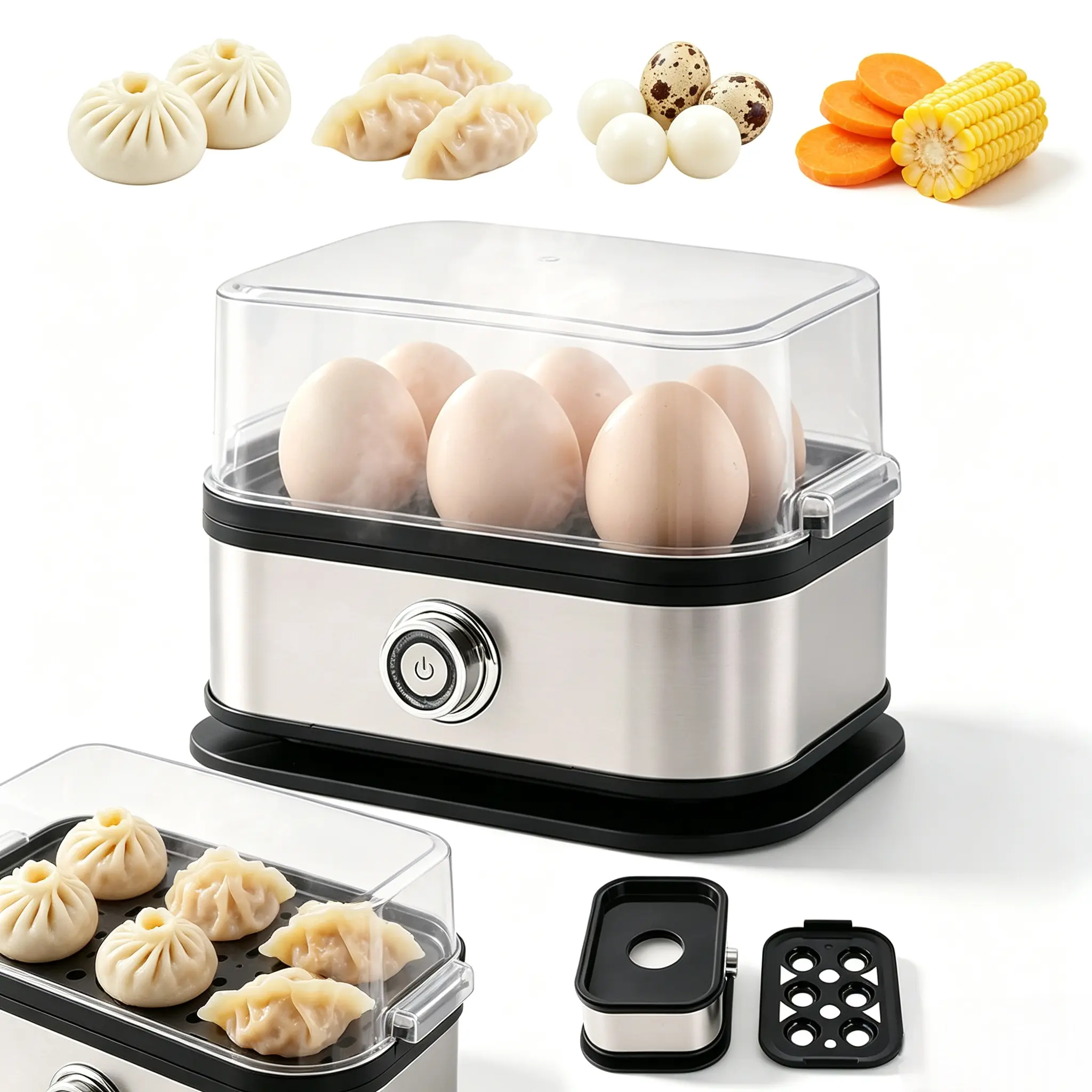 Multi‑Use Rapid Egg Cooker 6 Eggs Capacity, Stainless Steel Electric Egg Steamer, Soft Medium Hard Boiled & Poached Eggs, BPA‑Free Auto Shut‑Off, For Eggs, Buns, Sweet Potatoes, Quick Breakfast for Office & Fitness People