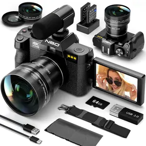 NBD 4K Digital Cameras for Photography 48MP - 16X Zoom Autofocus, WiFi, 180° Flip Screen with Wide-Angle & Macro Lens, Vlogging Camera for YouTube Travel with 64GB TF Card, 2 Batteries & Mic (Black)