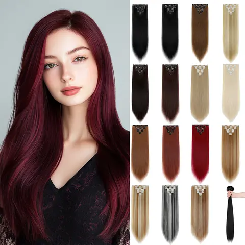 Dulchany Clip-in Seamless Synthetic Hair Extensions, 8-Count Double Weft, 26 in Silky Straight Fiber Pieces, Easy to Use, Low-Heat Stylable, Thick, Durable, Heat Resistant, Attach to Roots, Available in Various Colors for Women