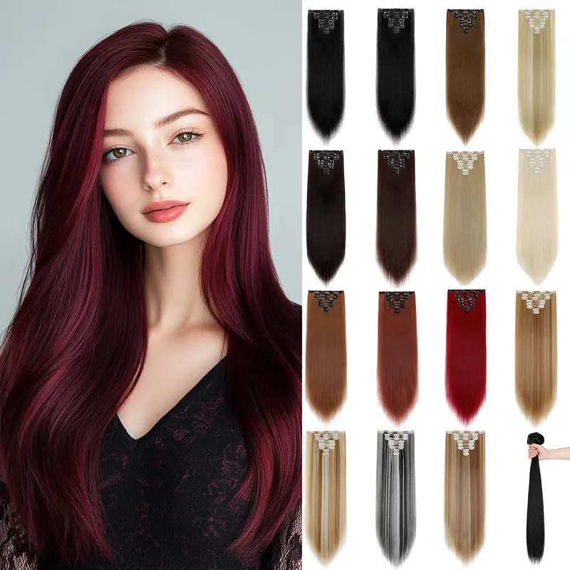 Dulchany Clip-in Seamless Synthetic Hair Extensions, 8-Count Double Weft, 26 in Silky Straight Fiber Pieces, Easy to Use, Low-Heat Stylable, Thick, Durable, Heat Resistant, Attach to Roots, Available in Various Colors for Women