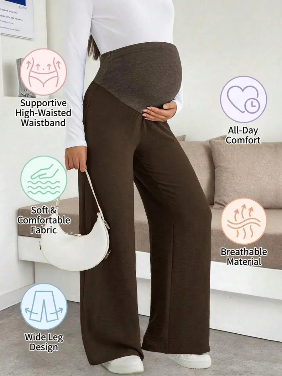 Bumpie x Mocha Brown/Dark Brown Maternity Knit High Stretch Wide Leg Pants, Comfortable Loose Business Casual Trousers For Work Office Commute, With Button Design Spring