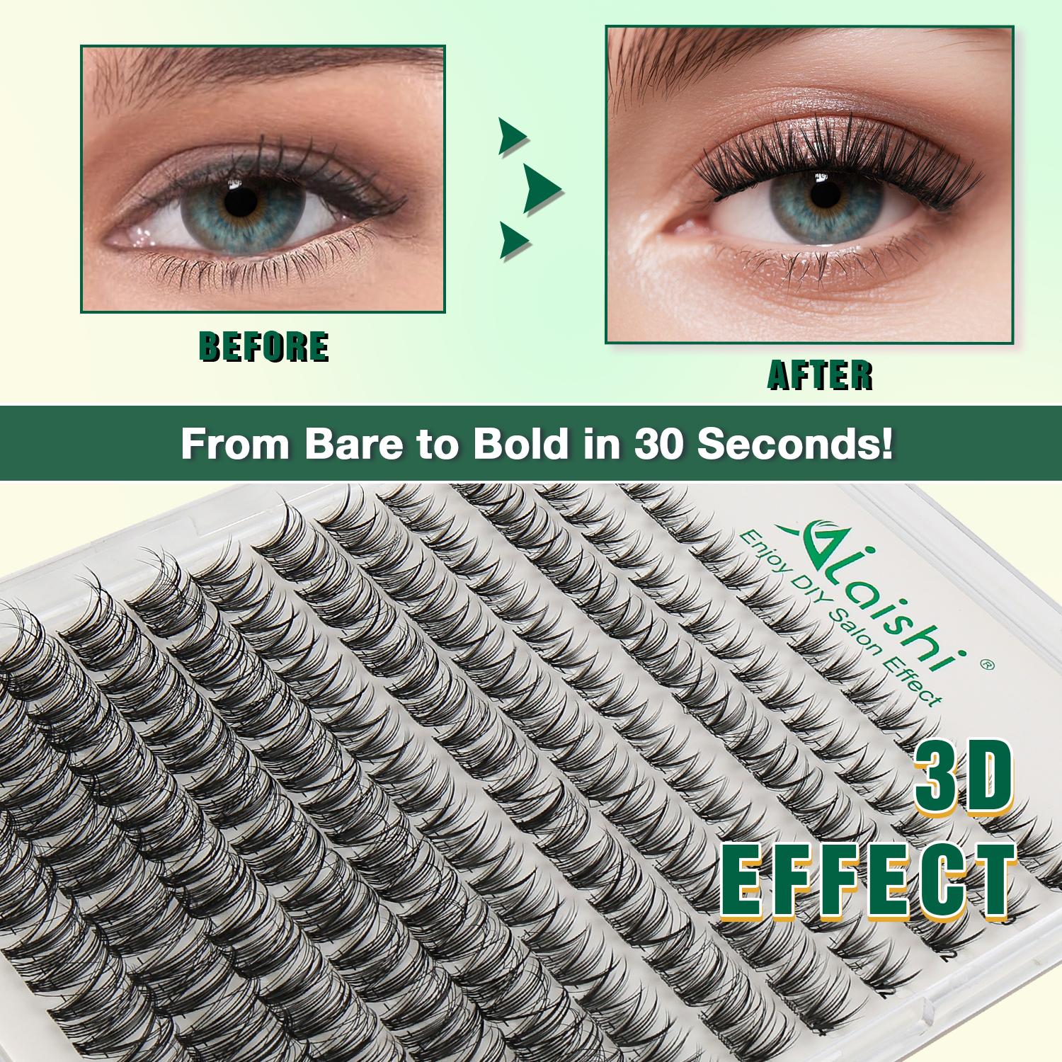 Ailaishi Cat Eye Lash Clusters Kit,  10‑18mm,120pcs D Curl Soft Natural Lashes with Bond and Seal, Remover, Tweezers, DIY 3D Cluster Eyelash Extensions, Natural Fake Wispy Individual Clusters