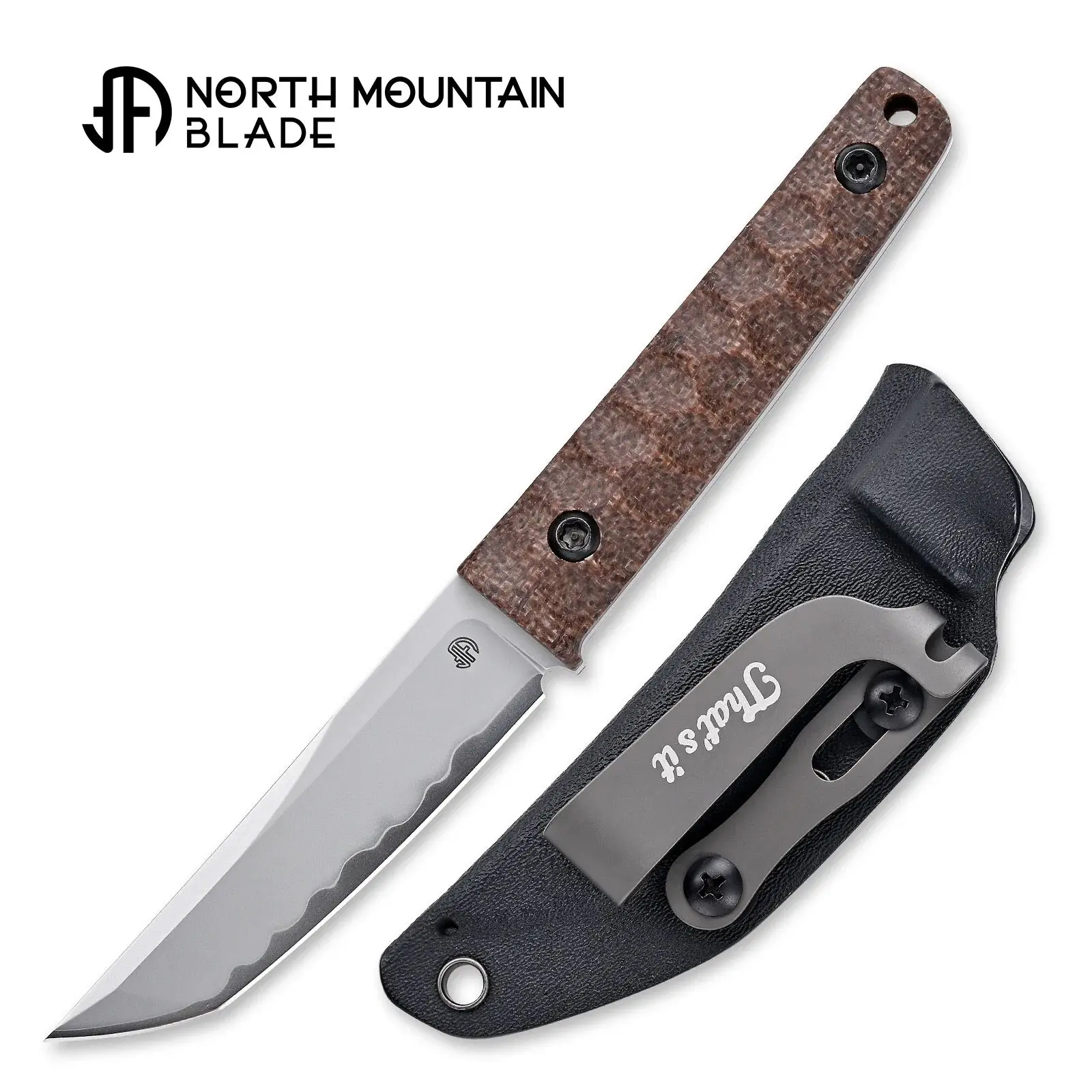 North Mountain Blade CHOP MINI Fixed Knife, 3.39” SLD-MAGIC Japanese Tanto, Micarta Handle, 7.48” Length - Lightweight Compact EDC Knife for Outdoor Camping, Hunting & Survival Use | Brown - 2416-MCT