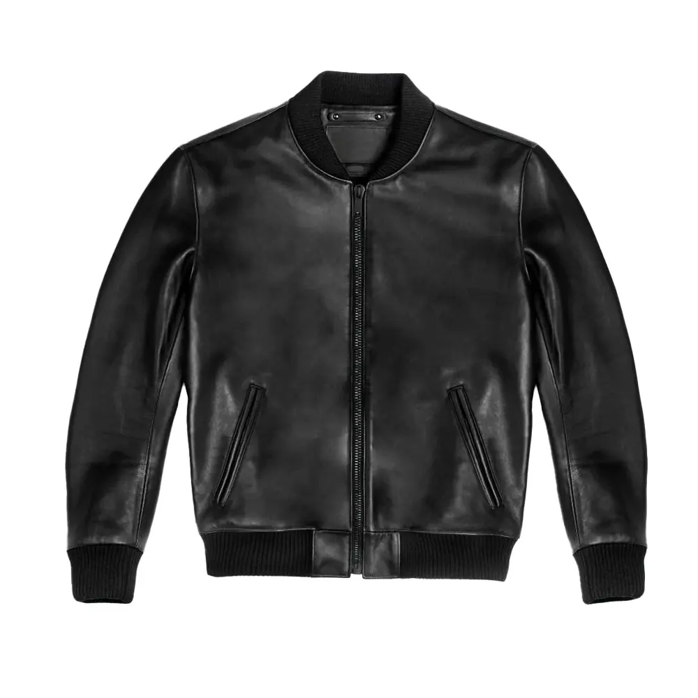 Men Black Bomber Ribbed Leather Jacket by Hide Crafts Casual Classic