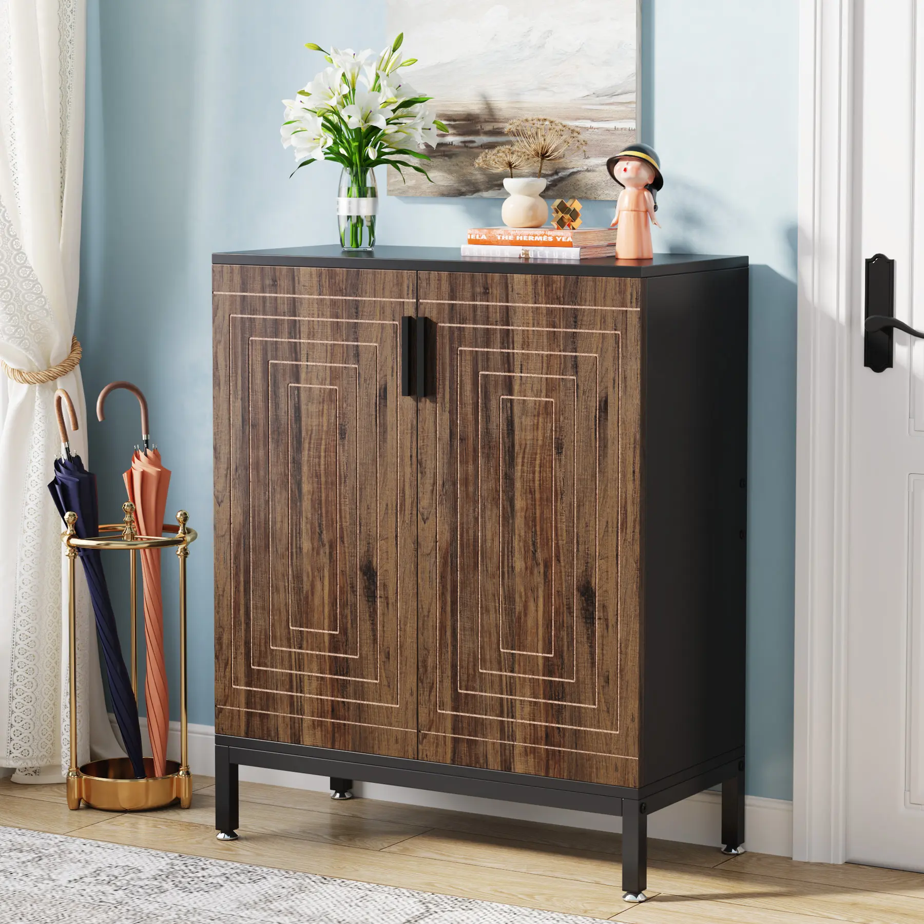 LITTLE TREE Shoe Cabinet with Doors, 20 Pairs Entryway Shoe Storage Cabinet with Shelves, 5-Tier Modern Free Standing Shoe Racks Storage Organizer for Closet, Living Room, Bedroom (Brown/Black)