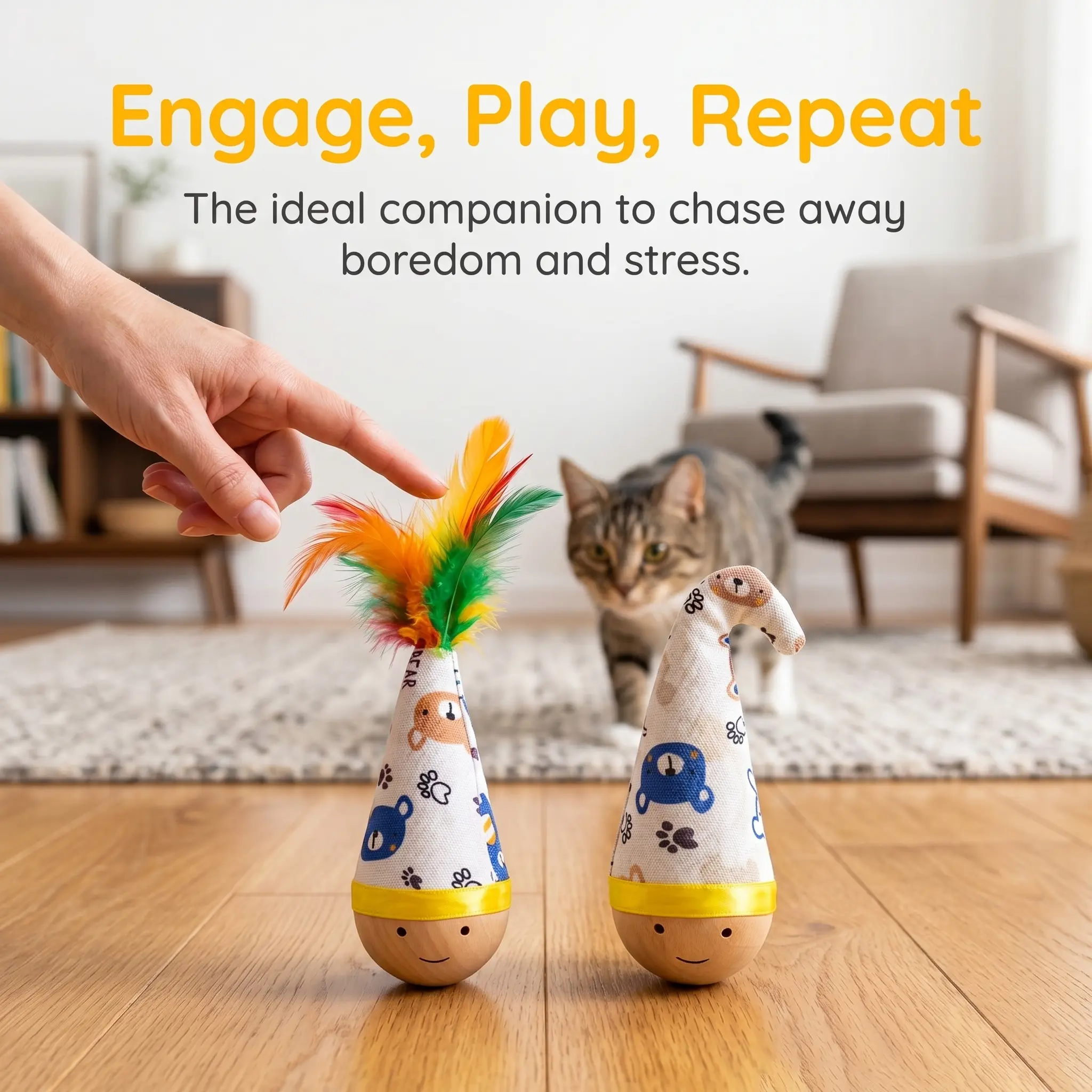 Natural Wood Self-Balancing Wobble Cat Toy - Scratch & Bite Resistant, Built-In Catnip & Top Feather, Quiet Pure Physics-Driven Play, Boredom Relief, Curbs Boredom-Induced Destructive Behaviors, No Motor Hum for Indoor Cats