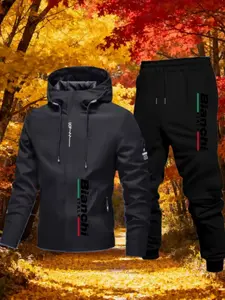 Men's Letter Print Fashion Motorcycle Jacket + Long Pants Set, Casual Business, Fall & Winter New Men's Office Wear