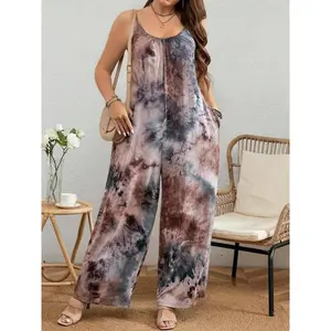 Plus-size women’s tie-dye print sleeveless spaghetti-strap backless jumpsuit with pockets, suitable for beach vacations — GARMENTARY