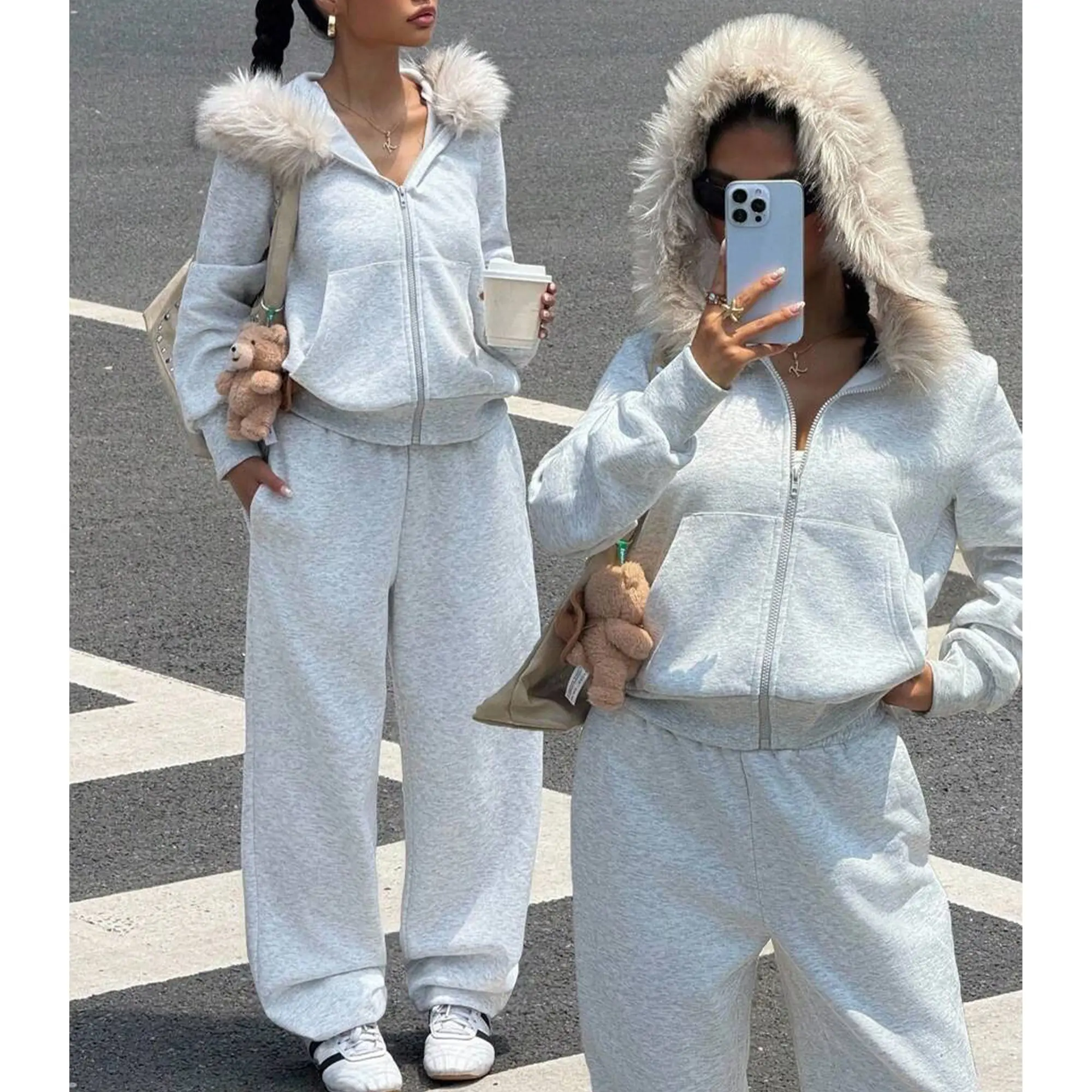 Women's Oversized 2-Piece Heather Gray Faux Fur Trim Hooded Zip-Up Long Sleeve Hoodie & Baggy Sweatpants Set, Lady's Casual Soft Cozy Loungewear Tracksuit with Pockets for Daily Lounge (Women's Clothes), Casual Wear