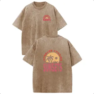 Retro Beach Vacation Sunset Graphic T-Shirt, Coconut Tree Sun Print Acid Washed Oversized Shirt, Breathable Cozy Casual Outfit, Versatile Everyday Leisure & Daily Work Commute Casual Short Sleeve Tee outdoorfun