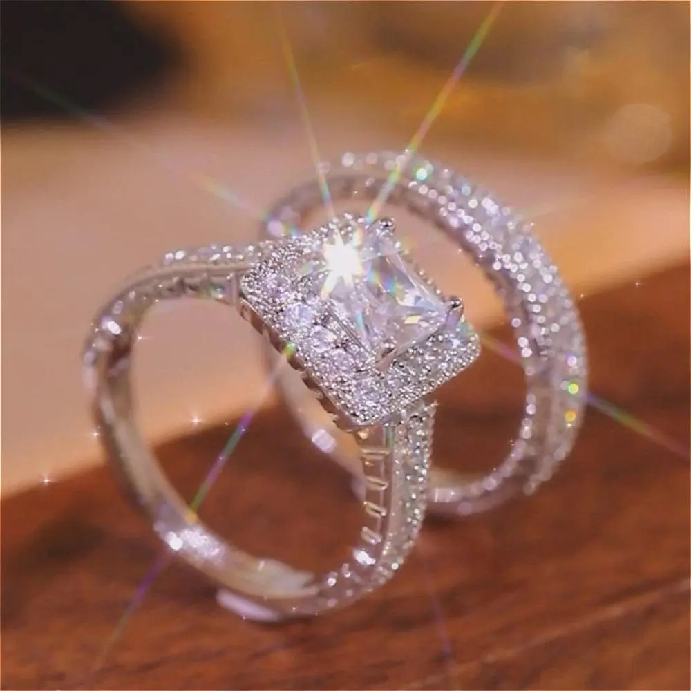 2pc/set Luxurious Square Daily Wear Ring set - Fashionable Copper Silver-Plated, Cubic  Stone, Beautiful Jewelry Gift for Christmas/New Year/Valentine’s Day