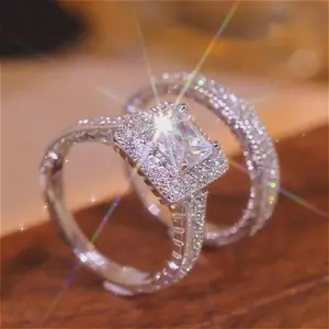 2pc/set Luxurious Square Daily Wear Ring set - Fashionable Copper Silver-Plated, Cubic  Stone, Beautiful Jewelry Gift for Christmas/New Year/Valentine’s Day