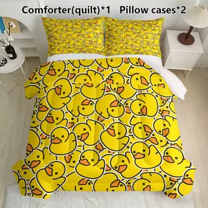 Cartoon Duck Pattern Quilt Set (1 Quilt + 2 Pillowcases), Soft Lightweight Breathable, All-Season Bedding, Suitable for Home or Dorm Use