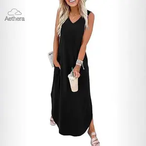 Aethera 2026 Summer Women's Maxi Dress Casual Sleeveless Beach Vacation Tank Dress with Pockets V-Neckline
