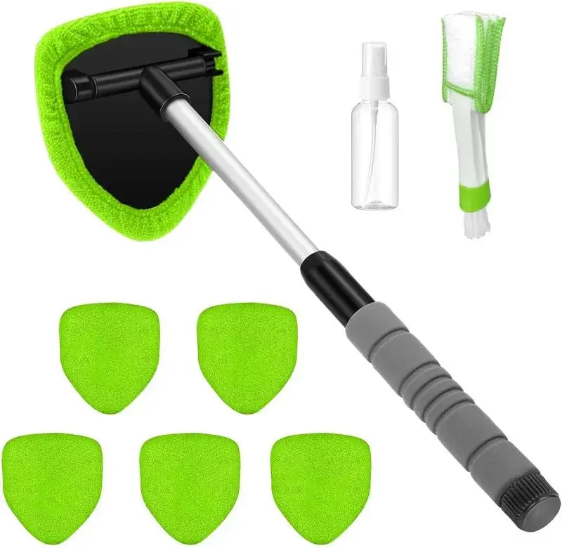 9PCS Car Window Cleaner Kit Extendable Handle Windshield Cleaning Tool with 6 Reusable Microfiber Pads with Air Vent Brush & Empty Spray Bottle