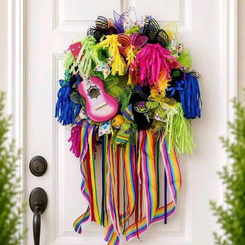 Fiesta Wreath Cinco De Mayo Decor, Colorful Door Hanger, Mexican Party Decor, Summer Front Door Wreath, Bright Ribbon Wreath