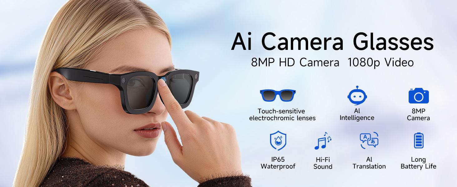 2026 New Electrochromic AI Smart Camera Glasses (8MP) ,1080P Video Recording Glasses,Real Time Translation, ChatGPT AI Voice Assistant, Open-Ear Audio,4-level electrochromic sunglasses for Men Women