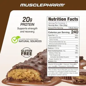 MusclePharm Combat Ready Chocolate Peanut Butter Cup, High Protein Bars, Combat Cravings, Fuel Performance & Meet Energy Demands, 20g Protein from Whey Protein, 5g Fiber, Gluten Free, 4 Bars