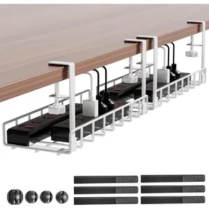 Under Desk Cable Management Tray 2 Pack, Wire Management No Drill No Screws, Cable Tray with Clamp For Desk Wire Management, Computer Cable Rack For Office, Home-No Damage to Desk White