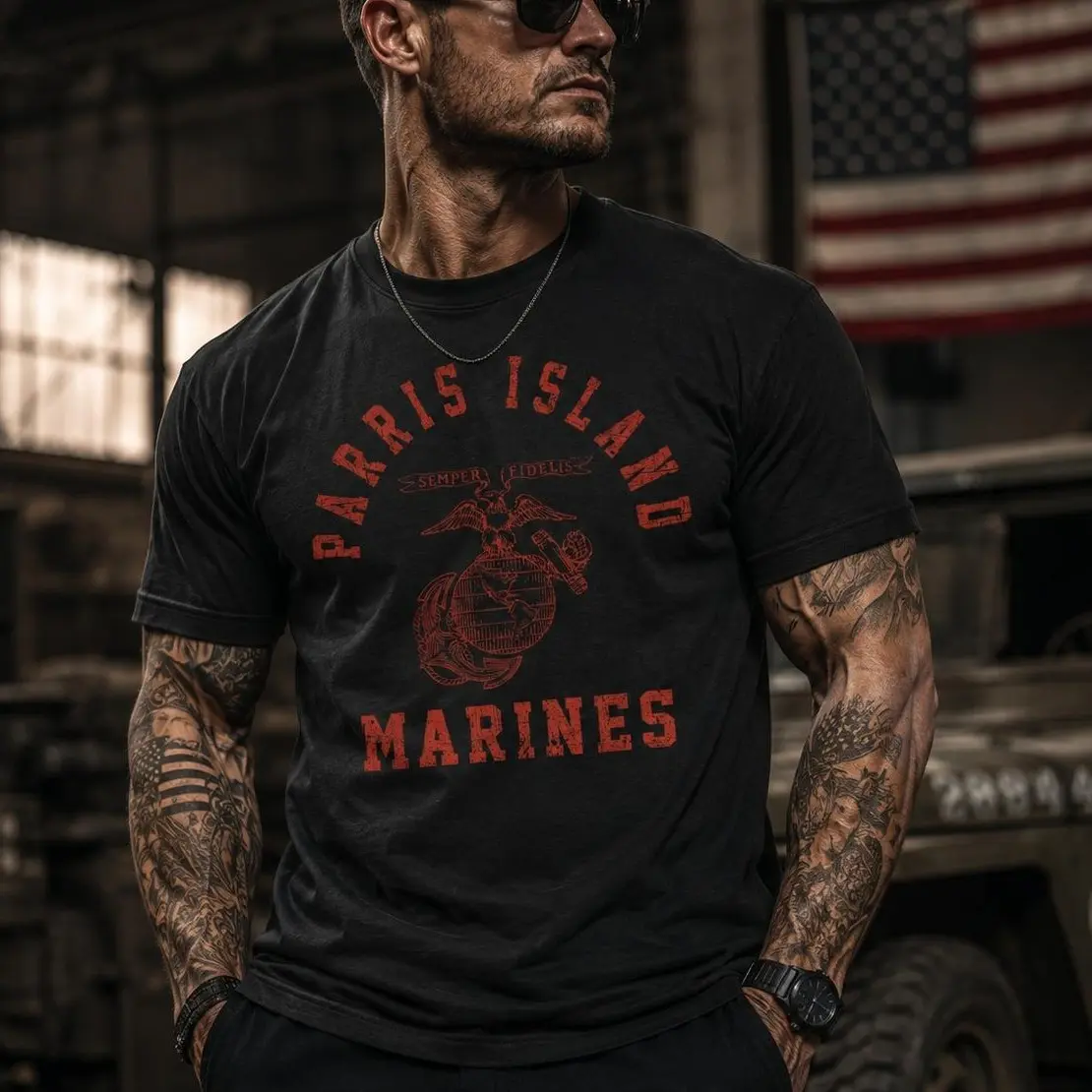 Menswear Short-Sleeve Round Neck T-Shirt - USMC Old School Parris Island Training Performance Top, Marine Corps Boot Camp Pride Graphic Tee, Military Heritage Athletic Shirt, Veteran Support Gift, Patriotic Casual Outfit