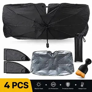 4-in-1 Sunshade for Car Windshield Set - Windshield Shade Cover with Foldable Sun Visor, Car Window Mosquito Net, Interior Cleaning Brush, UV-Blocking, Heat-Insulating, Fits Sedans, Trucks, SUVs (Large & Small Sizes)