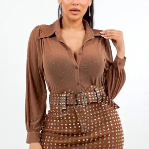 Zaira09-Sheer & Rhinestone Button Down Collared Shirts 96%Polyester 4%Spandex