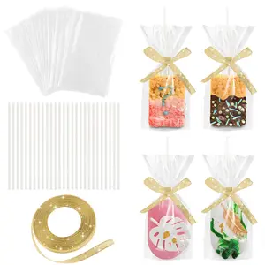 50 Pack Rice Bag with Sticks Kit: Clear Plastic Container for Small Cakesicles, Marshmallow Square, Cake Pop, Crispy Treat Packaging Holder with Gold Ribbon for Wedding Party Christmas