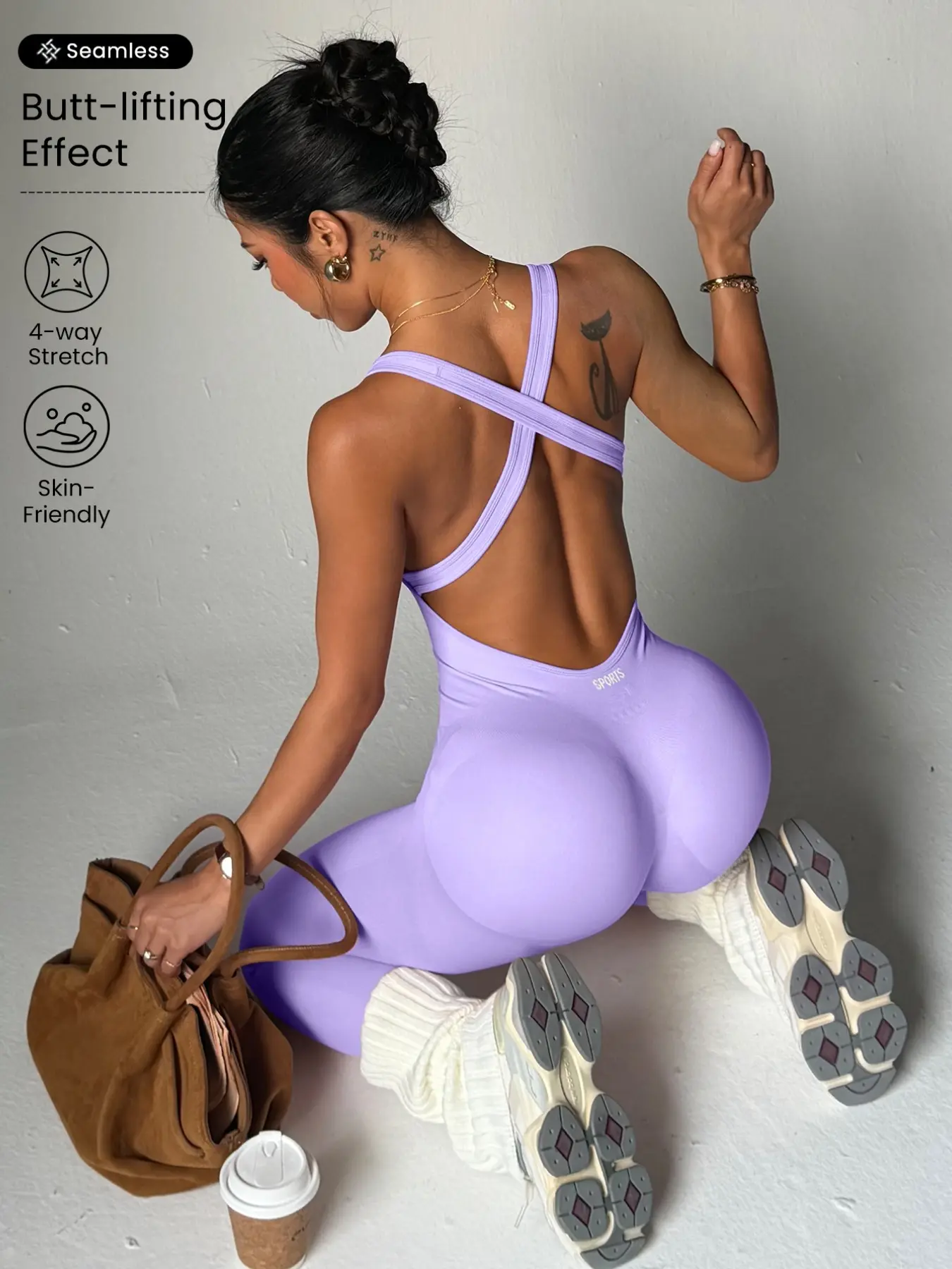 Sexy Tight Backless Breathable Women's Jumpsuit, Backless Sports Jumpsuit, Sporty Dance Fitness Yoga Wear, Elastic Strap One-Piece Top, All Seasons