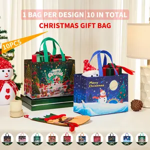 【TK Shop】Christmas Gift Bags Set of 10 - 12.8x6.69x9.84 Inch Holiday Party Favor Bags with Santa, Snowman, Reindeer & Western Designs for Xmas Gifting, Decorations (Vibrant Patterns)