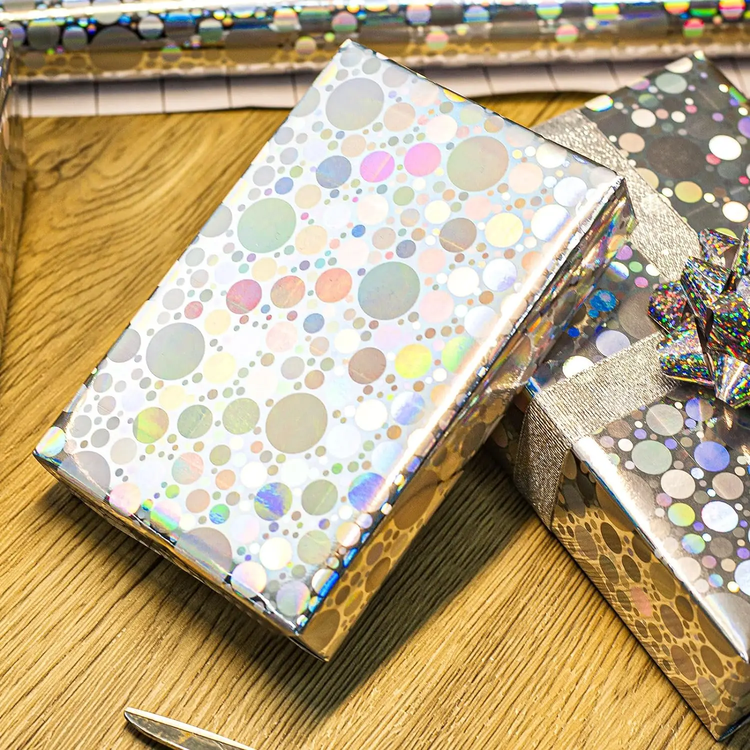 Silver Dots Wrapping Paper, 17 Inches x 32.8 Feet Colorful Holographic Iridescent Birthday Wrapping Paper Roll for Wedding Bridal Shower Holiday Valentine's Day, Mother's Day