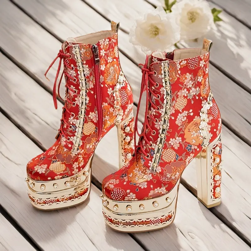 [Floral Platform Boots] Red Women's Floral Platform Boots | Thick High Heel & Gemstone Accents, Round Toe Zipper Closure, Synthetic Cover Insole, Casual & Formal Events, Cowgirl Boots, Formal Footwear, Statement Fashion Walking Shoes Pu