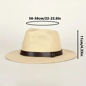 Classic Panama Fedora Straw Hat with Leather Band Breathable Wide Brim Sun Hat