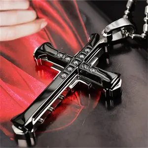 Silver & Black Alloy Zirconia Cross Pendant Necklace for Men