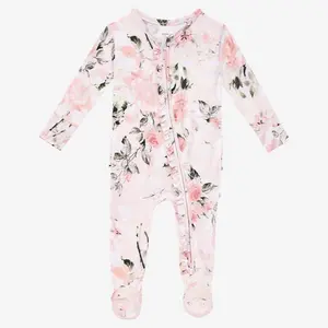 Vintage Pink Rose Footie Ruffled Zippered Piece