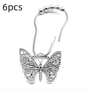 6 Butterfly Decorative Shower Curtain Hooks, Home Shower Ring Accessories, Rust-Resistant Metal Curtain Rings, Durable Bathroom Essentials