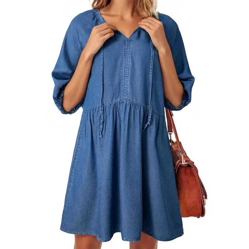 white christmas dresses Smock Tencel Tie Neck Long Sleeve Dress for Women| Boho Inspired Inclusive Outfits Dark Denim / M Dark Denim *Women's Dresses Casual Dresses Hayden main image 0