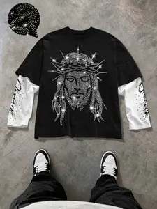 Men's Casual Two-Piece Long Sleeve T-Shirt, Rhinestone Jesus Graphic Print, Trendy and Versatile, Comfortable Fabric, Stylish and Unique Design