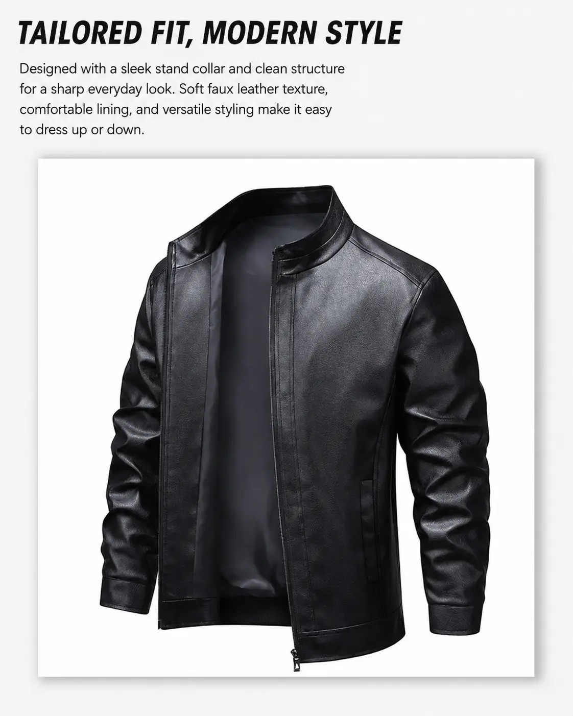 Men’s classic stand-collar PU leather jacket, spring/autumn retro motorcycle style, versatile black faux leather casual outerwear
