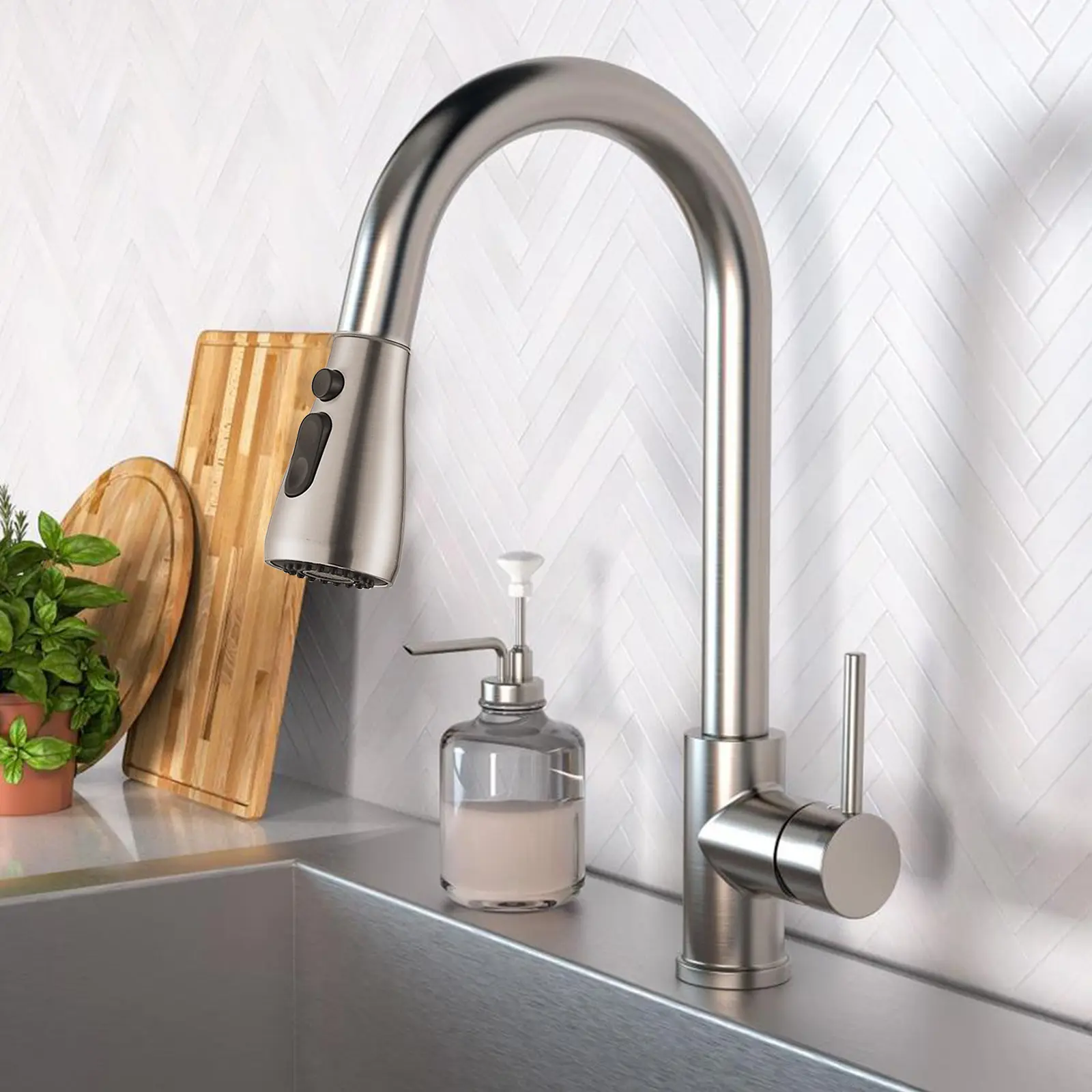 Brushed Nickel High Arc Kitchen Faucets with Pull Down Sprayer, 360° Swivel Single Handle Kitchen Sink Faucet, Suitable for Farmhouse Camper Laundry RV Bar