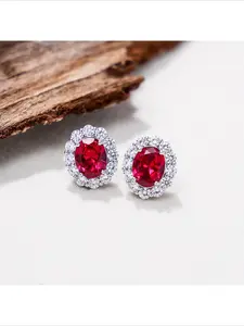 Trending Top Selling S925 Pure Silver Needle Earrings Premium Texture Red Corundum Light Blue Spinel Earrings Fresh Fashion Olive Zircon Exquisite Elegant Ear Jewelry