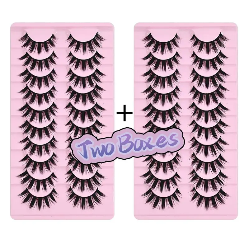 Reusable Anime Cat Eye False Eyelashes, 2 Boxes of 10 Pairs Dense Mixed Curl Lashes, 0.07mm Thick, Japanese Cosplay Style, Solid Form Makeup